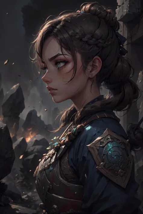 beautiful and detailed illustration, pop art, masterpiece, best quality, ultra-detailed, soft lighting, cinematic shot, vibrant colors, gorgeous colors, <lora:add_detail:0.3>, <lora:stylesqueeze_v2:0.5>,
1 girl, adult (elven:0.7) woman, freckles, jade eyes, light brown prom hairstyle, ombre,
<lora:GoodHands-beta2:0.8>,
solo, from side, side view, upper body, looking up, detailed background, detailed face, (<lora:StonepunkAI:0.8>, stonepunkAI, stone theme:1.1), samurai, dark blue samurai clothing, aggressive expression, bushido, battlefield in background, cinematic atmosphere,