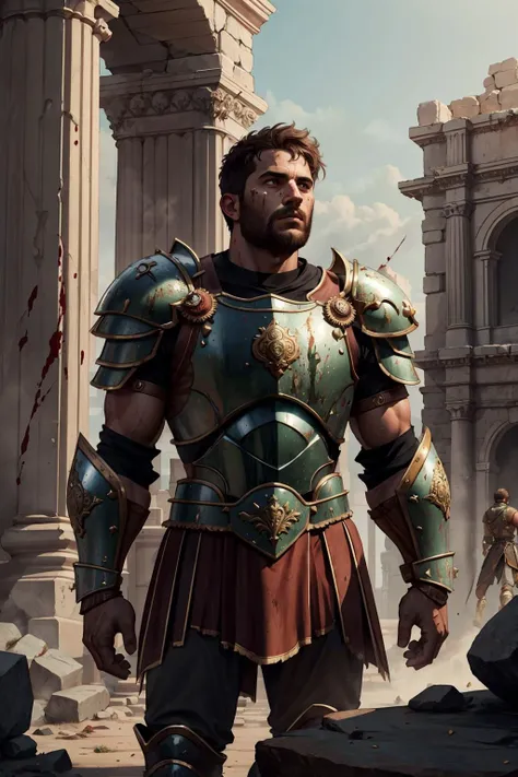 colorful, hyper detail, dramatic light, intricate details, best quality, (extremely detailed CG unity 8k wallpaper, masterpiece, best quality, ultra-detailed, best shadow),
(1man, masculine adult male:1.2), dark brown eyes, medium brown hair, taper fade,
solo, (full body:0.6), looking up, detailed background, detailed face, <lora:stonepunkai_v10:0.6>, stonepunkAI, stone theme, gladiator, victorious, light green ancient roman gladiator armor, shoulder armor, roman colosseum in background, dust, blood, dramatic lighting, ancient roman gladiator atmosphere,