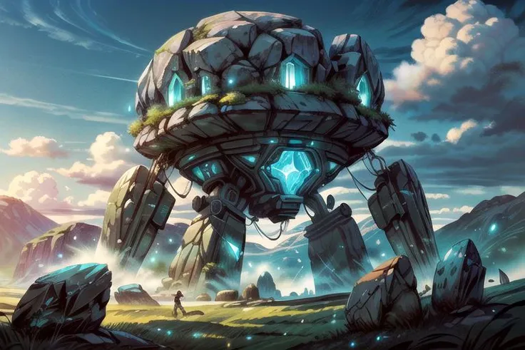 (giant rounded boulder mech) beautiful grass field landscape painting, rolling clouds in sky, lush, bright, digital painting, ancient monolithic stone, with magic glyphs, large rough uncut crystal, by Ismail Inceoglu, <lora:add_detail:1> <lora:GlyphTech:0.3> glyphtech <lora:Pyramid lora_Ghibli_n3_0.7+Pyramid lora_Ghibli_v2_0.3:0.7> <lora:StonepunkAI:0.4> stonepunkai