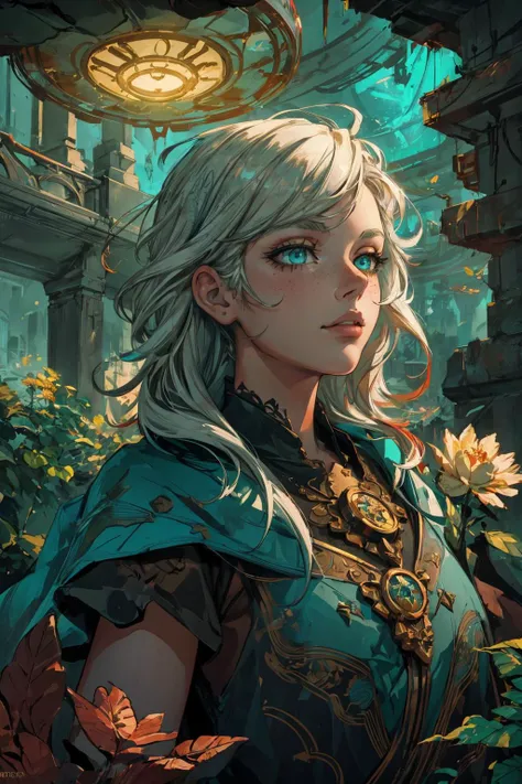 maximum details, cinematic, abstract art, stylized, deep shadow, <lora:add_detail:0.5>, <lora:epi_noiseoffset2:0.5>,
1 girl, adult russian woman, freckles, turquoise eyes, platinum blonde messy hair,
focus on character, portrait, solo, half shot, looking up, detailed background, detailed face, (<lora:StonepunkAI:0.8>, stonepunkAI, stone theme:1.1), working, botanical scientist, planters, roots, mandrake, blooming flowers, glowing plants, greenhouse effect, floating plants, magic, green energy, lotus, seeds, ferns, science, botanical garden in background, low light, magical atmosphere,
<lora:graphicNovelStyle_v10:0.2>,