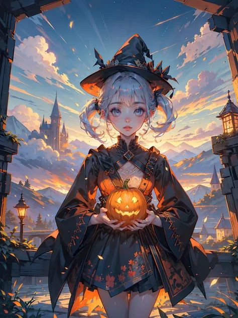hezi,(extremely detailed CG unity 8k wallpaper),(masterpiece),(best quality),(ultra-detailed),(best illu0.5ation),(1girl:1.5),candy,hallowmas,night,pumpkin lamp,witch,The detailed castle,mist encircles the mountains,fairyland,nature,flowers,<lora:å
¨ç½é¦åâèæå¤ªé³å
animation light :0.5>,