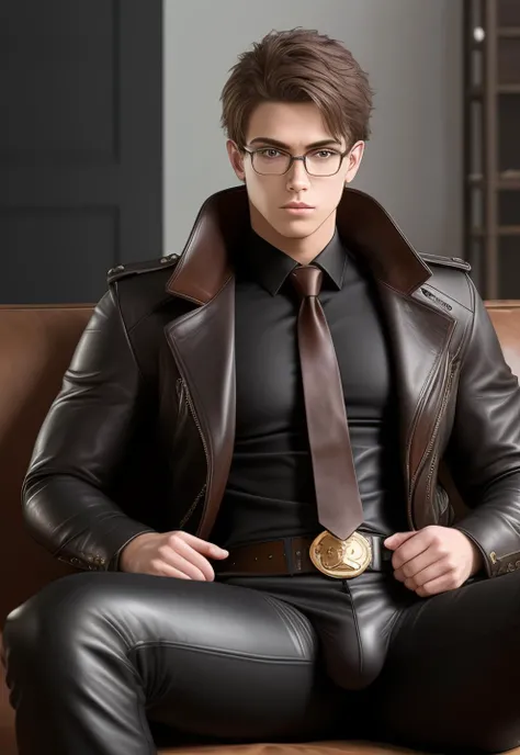 1boy, 16~20 years old, male focus, muscular male, nsfw, 3D, realistic, indoor, normal hue, central, golden ratio, sitting on the leather throne, sharp-featured body, tall, burly, highres, slender build, perfect anatomy, skin texture, thick dark buzzcut hair, see-through bangs, shallow eyebrow, symmetrical eyebrow, large bright eyes, symmetrical eyes, square gold-rimmed glasses, big straight nose, closed mouth, double-edged polearm, broad shoulders, noble attire, bdominal stretch, tight-fitting, leather collar, stand-up collared shirt, necktie, waistcoat, open thickened glossy dark leather jacket, six-pack abs, leather gloves, black trousers, leather belt, spreading long thin legs, <lora:OnlyCocks_v1.0:0.5>, large erect penis over 10 inches length and 3 inches width, erection, large scrotum with testicles, masturbation, high-heeled leather boots, soft smile, handsome, powerful, from front, looking ahead at viewer, day, masterpiece, best quality, hyper-detailed, intricate detail, professional photography, matte, bright, the most beautiful ever seen, post processing, dreamatic lighting, ambient lighting, epic composition, ultrawide shot, uplight, raytracing reflections, depth of field, gorgeous background <lora:1.CaiXukun_v1.0:0.5>