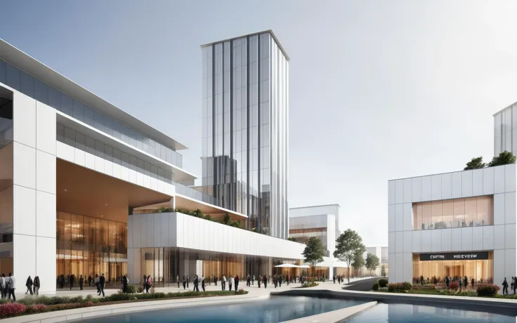 commercial plaza,building,street,tree,outdoors,city,road,scenery,sky,cityscape,skyscraper,water,day,pavement,water,(white wall:1.2),multiple colors,curved building