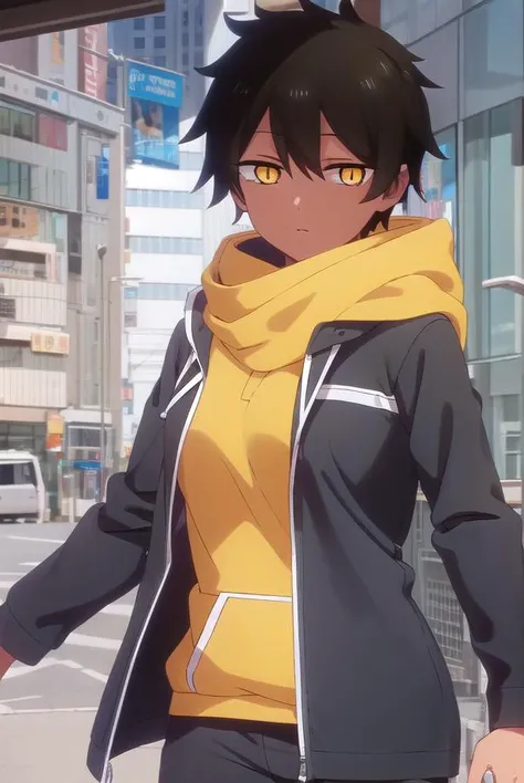 natsumikurobe, <lora:natsumi kurobe s1-lora-nochekaiser:1>,
natsumi kurobe, short hair, black hair, (yellow eyes:1.3), (slit pupils:1.5), dark skin, dark-skinned female,
BREAK jacket, pants, hood, zipper, tomboy,
BREAK outdoors, city,
BREAK looking at viewer, (cowboy shot:1.5),
BREAK <lyco:GoodHands-beta2:1>, (masterpiece:1.2), best quality, high resolution, unity 8k wallpaper, (illustration:0.8), (beautiful detailed eyes:1.6), extremely detailed face, perfect lighting, extremely detailed CG, (perfect hands, perfect anatomy),