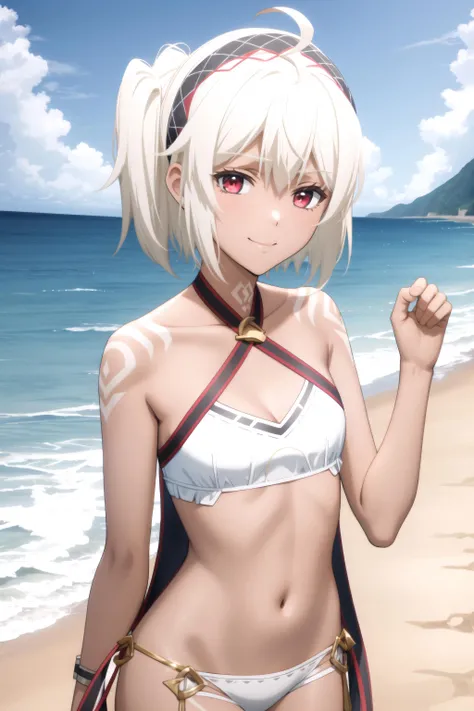 best quality, (masterpiece:1.2), detailed,
<lora:chara_BoushokuNoBerserk_Myne_v1:0.8>, myne bnb,
light blush, light smile, closed mouth,
dark skin, white hair, short hair, red eyes, side ponytail, ahoge, headdress, tattoo,
white bikini, gold trim, halterneck, empty hands
standing, facing viewer,
beach, water