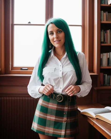 analog style, (((skin details, high detailed skin texture))), ((photorealistic), film grain), ((full body height)), flowing long green hair, extremely detailed photo of a cute adult woman in a library wearing a white shirt and tie, plaid skirt,spreading legs, small breasts, perky nipples, trimmed pubic hair, volumetric lighting, 8k hdr, ultra realistic, film photography, dslr