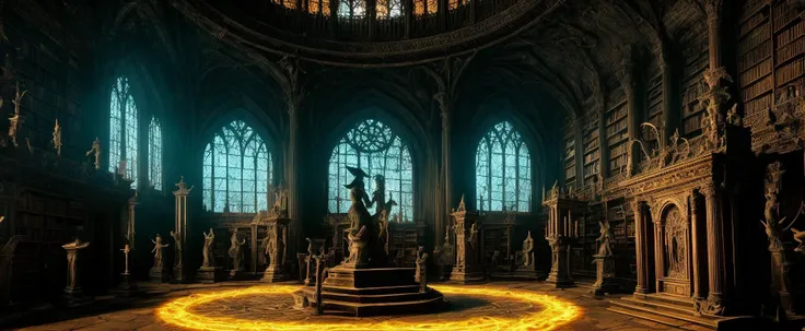 (spooky) photography of arcane magical (library), abandoned intricate detail, many levels, (spooky), dusty. ((((statue))) (female girl woman)), close up middle ages, medieval, (nude, wings), podium, jewelry, (realistic:1.3), masterpiece, high quality, realistic lighting, lamps, 8k, hdr, painted ceiling, (broken windows), ((ritual pentagram floor molten glowing altar)) circle, steampunk