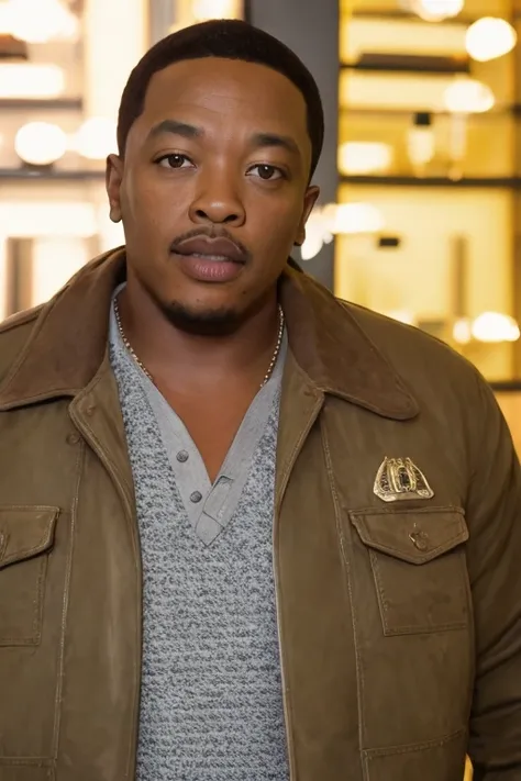 modelshoot style, photo of a black man with the face of (emb_drdre:1.2) in ([oversize puffer jacket:elven armor:0.3] with glowing pattern:1.2) in action, in crowded bar in havana, key light reflection on eyes, skin pores, blemishes, sunset lightning, huge sandstorm in background, deep focus, (film_grain bokeh light particles dust motes:0.7)