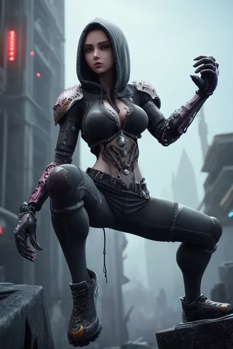 hyper realistic, highly detailed face, beautiful skin, freckles, beautiful makeup, deep crystal clear blue eyes, vibrant multi colored hair, perfect abs, amazing aesthetics, biomechanical flesh, ((crouching)), closed fists, fighting pose, posing in a fighting stance, blushing, happy, highly detailed cute chibi (final fantasy) young adult, extremely detailed face, vampire fangs, baggy hoodie, hip hop clothing, baggy sweatpants, blood dripping from mouth, shy, playful, full body, highly detailed dilapidated city scape background, midnight, well lit, cinematic lighting, electronic lights in the background, highly detailed background, (<CharTurner>:0.3), hyper realistic, photo realistic, realistic skin texture, solo, trending on artstation, octane render, unreal engine 5, galactic civilization gfred, microworlds planet, digital graphic sticker design, Vector art, thick black outline, _myth_, Vibrant Colors, highly detailed, printed on a sheet of paper, subject kept within the border, isometric, style <all-rings-albuns>::0.5 <dan-mumford>::0.75