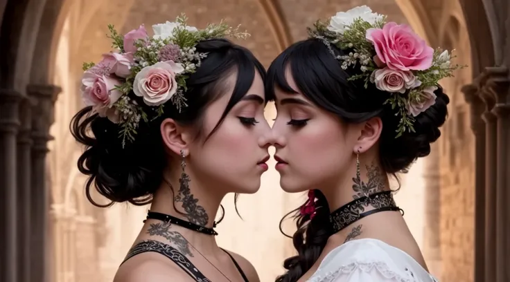 a detailed painting of girls with sprigs and flowers in her hair. wearing corset frills, inspired by Alexander Bogen, Greg Rutkowski. black-white-pink-silver-yellow colors, full dynamic color, close up character, intricate punk woman with runic face tattoos, kiss, hug, kissing breasts, short blonde hair, in a shadowed archway, medieval, urban, alley, night