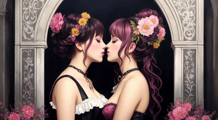 a detailed painting of girls with sprigs and flowers in her hair. wearing corset frills, inspired by Alexander Bogen, Greg Rutkowski. black-white-pink-silver-yellow colors, full dynamic color, close up character, intricate punk woman with runic face tattoos, kiss, hug, kissing breasts, short blonde hair, in a shadowed archway, medieval, urban, alley, night