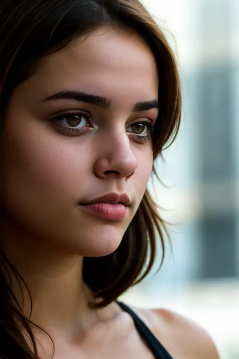 photographic close-up face shot portrait of (isidora_v4:0.99), wearing a leotard, exhausted, intricately detailed, depth of field, dramatic backlighting, cinematic LUT, film grain