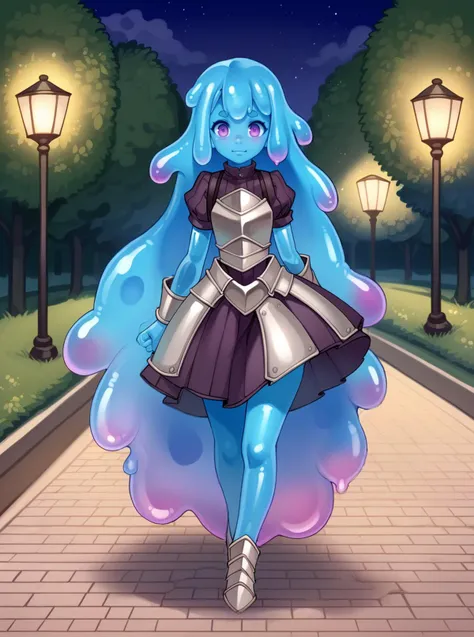 score_9, score_8_up, score_7_up, source_anime, solo, 1girl, armored dress, slime girl, , Rounded eyebrows, park, night, , , kairunoburogu, <lora:kairunoborugu_PDXL-000001:1>