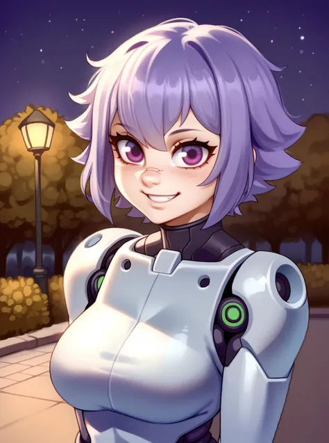 score_9, score_8_up, score_7_up, source_anime, solo, 1girl, , cyborg girl, Short spiky hairstyle, medium hair, smile, park, night, , Thought Nibbler, kairunoburogu,  <lora:kairunoborugu_PDXL-000001:1>