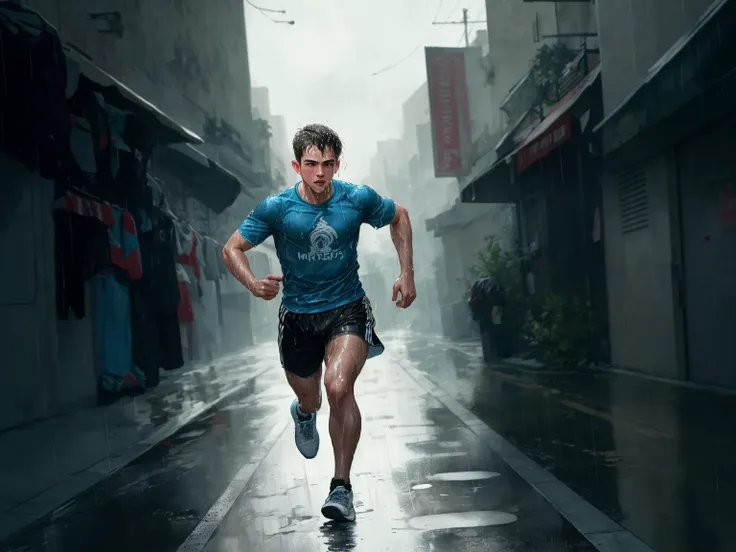 masterpiece, best quality, 1boy, athletic twunk, running on sidewalk, sport shorts, trainers, t-shirt, wet, wet clothes, rain, realistic, dramatic lighting, atmospheric, intricate detail, ((street background)),