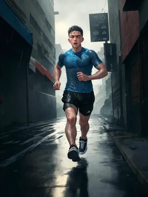 masterpiece, best quality, 1boy, athletic twunk, running on sidewalk, sport shorts, trainers, t-shirt, wet, wet clothes, rain, realistic, dramatic lighting, atmospheric, intricate detail, ((street background)),