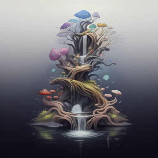 logo for artfully prompt, a ai company focused on bringing art and science together, vibrant colorstory, masterpiece, flowing fabric, sharp angles, dynamic poses featuring high fashion black background, metallic, neon, pastels, complimentary color palette, hugh quality, tree of life, fountain of youth, mother nature, waterfall, branches and roots, moss, mushrooms, fungi, lichen, airplants, vines, pebbles