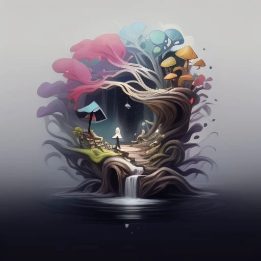 logo for artfully prompt, a ai company focused on bringing art and science together, vibrant colorstory, masterpiece, flowing fabric, sharp angles, dynamic poses featuring high fashion black background, metallic, neon, pastels, complimentary color palette, hugh quality, tree of life, fountain of youth, mother nature, waterfall, branches and roots, moss, mushrooms, fungi, lichen, airplants, vines, pebbles, leaves, trunk