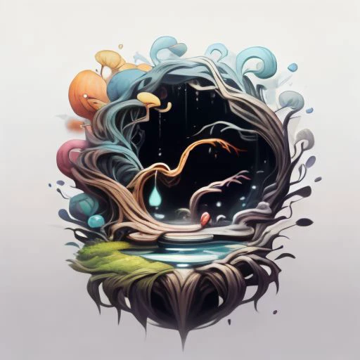 logo for artfully prompt, a ai company focused on bringing art and science together, vibrant colorstory, masterpiece, flowing fabric, sharp angles, dynamic poses featuring high fashion black background, metallic, neon, pastels, complimentary color palette, hugh quality, tree of life, fountain of youth, mother nature, waterfall, branches and roots, moss, mushrooms, fungi, lichen, airplants, vines, pebbles, leaves, trunk