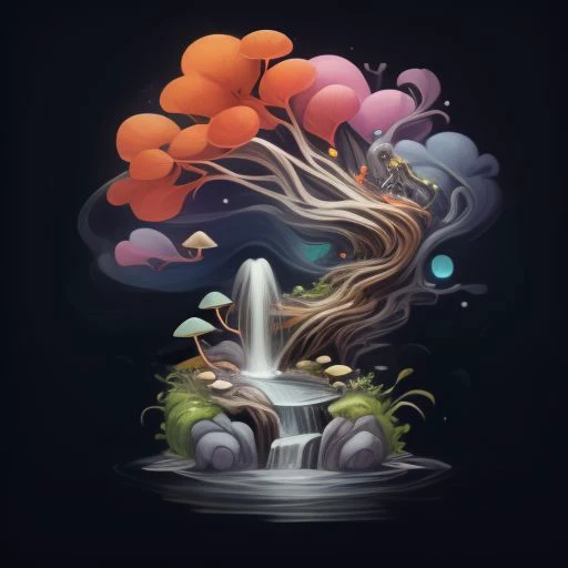 logo for artfully prompt, a ai company focused on bringing art and science together, vibrant colorstory, masterpiece, flowing fabric, sharp angles, dynamic poses featuring high fashion black background, metallic, neon, pastels, complimentary color palette, hugh quality, tree of life, fountain of youth, mother nature, waterfall, branches and roots, moss, mushrooms, fungi, lichen, airplants, vines, pebbles