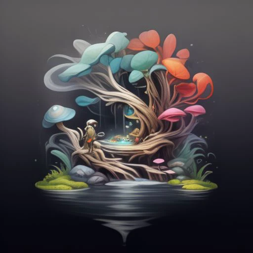 logo for artfully prompt, a ai company focused on bringing art and science together, vibrant colorstory, masterpiece, flowing fabric, sharp angles, dynamic poses featuring high fashion black background, metallic, neon, pastels, complimentary color palette, hugh quality, tree of life, fountain of youth, mother nature, waterfall, branches and roots, moss, mushrooms, fungi, lichen, airplants, vines, pebbles