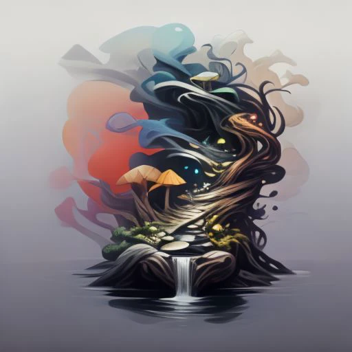 logo for artfully prompt, a ai company focused on bringing art and science together, vibrant colorstory, masterpiece, flowing fabric, sharp angles, dynamic poses featuring high fashion black background, metallic, neon, pastels, complimentary color palette, hugh quality, tree of life, fountain of youth, mother nature, waterfall, branches and roots, moss, mushrooms, fungi, lichen, airplants, vines, pebbles, leaves, trunk