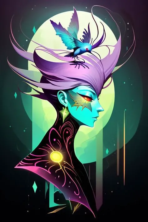 <lora:ArtfullyAssets:0.2>,<lora:ArtfullyLogos:0.5>,<lora:LabstractGeo:0.5>,<lora:ArtfullyHeadshot:0.8>,<lora:ArtfullyHuman:0.2>,<lora:ArtfullyHumming:0.2>,<lora:ArtfullyFashion-_The_Birds:0.2>,<lora:ArtfullyFashion_-_Birdsmore:0.2>, Tarot card, neon, anne bachelier, kay nielson, the mander with the moon on his hands, in the style of elemental forms, 2d game art, dark cyan and light bronze, aurorapunk, transcendence from human to hummingbird, fashion, geometric, abstract, beautiful, duality