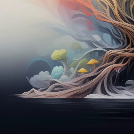 logo for artfully prompt, a ai company focused on bringing art and science together, vibrant colorstory, masterpiece, flowing fabric, sharp angles, dynamic poses featuring high fashion black background, metallic, neon, pastels, complimentary color palette, hugh quality, tree of life, fountain of youth, mother nature, waterfall, branches and roots, moss, mushrooms, fungi, lichen, airplants, vines, pebbles
