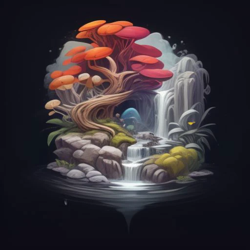 logo for artfully prompt, a ai company focused on bringing art and science together, vibrant colorstory, masterpiece, flowing fabric, sharp angles, dynamic poses featuring high fashion black background, metallic, neon, pastels, complimentary color palette, hugh quality, tree of life, fountain of youth, mother nature, waterfall, branches and roots, moss, mushrooms, fungi, lichen, airplants, vines, pebbles