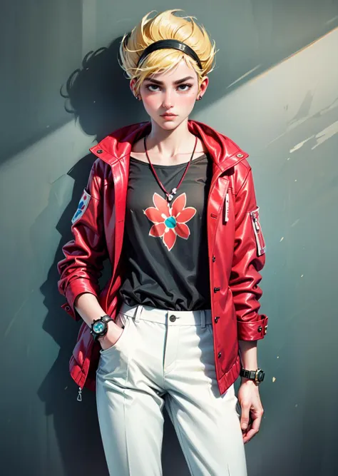 masterpiece, high quality, highres, absurdres, <lora:GoodHands-beta2:0.8>, 
Modern Strawberry Style: Create a modern outfit inspired by strawberries, pairing white pants with a red jacket. Include accessories like a strawberry-patterned tie and a watch with red accents.
  <lora:Mandy-10:0.8> mandy, blonde hair, short hair, black eyes, black headband, sharp hair, ,expressionless, dress, 1girl,