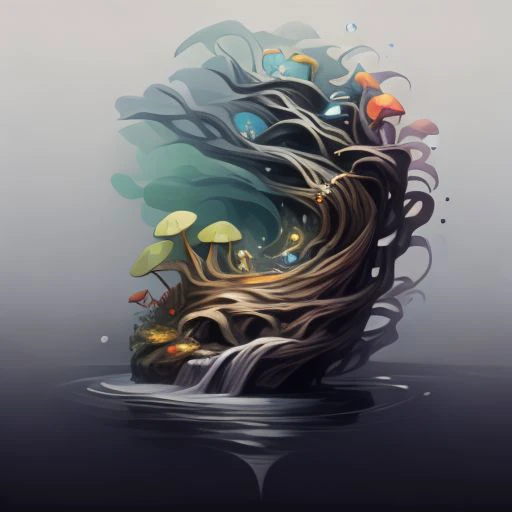 logo for artfully prompt, a ai company focused on bringing art and science together, vibrant colorstory, masterpiece, flowing fabric, sharp angles, dynamic poses featuring high fashion black background, metallic, neon, pastels, complimentary color palette, hugh quality, tree of life, fountain of youth, mother nature, waterfall, branches and roots, moss, mushrooms, fungi, lichen, airplants, vines, pebbles, leaves, trunk
