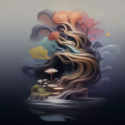 logo for artfully prompt, a ai company focused on bringing art and science together, vibrant colorstory, masterpiece, flowing fabric, sharp angles, dynamic poses featuring high fashion black background, metallic, neon, pastels, complimentary color palette, hugh quality, tree of life, fountain of youth, mother nature, waterfall, branches and roots, moss, mushrooms, fungi, lichen, airplants, vines, pebbles