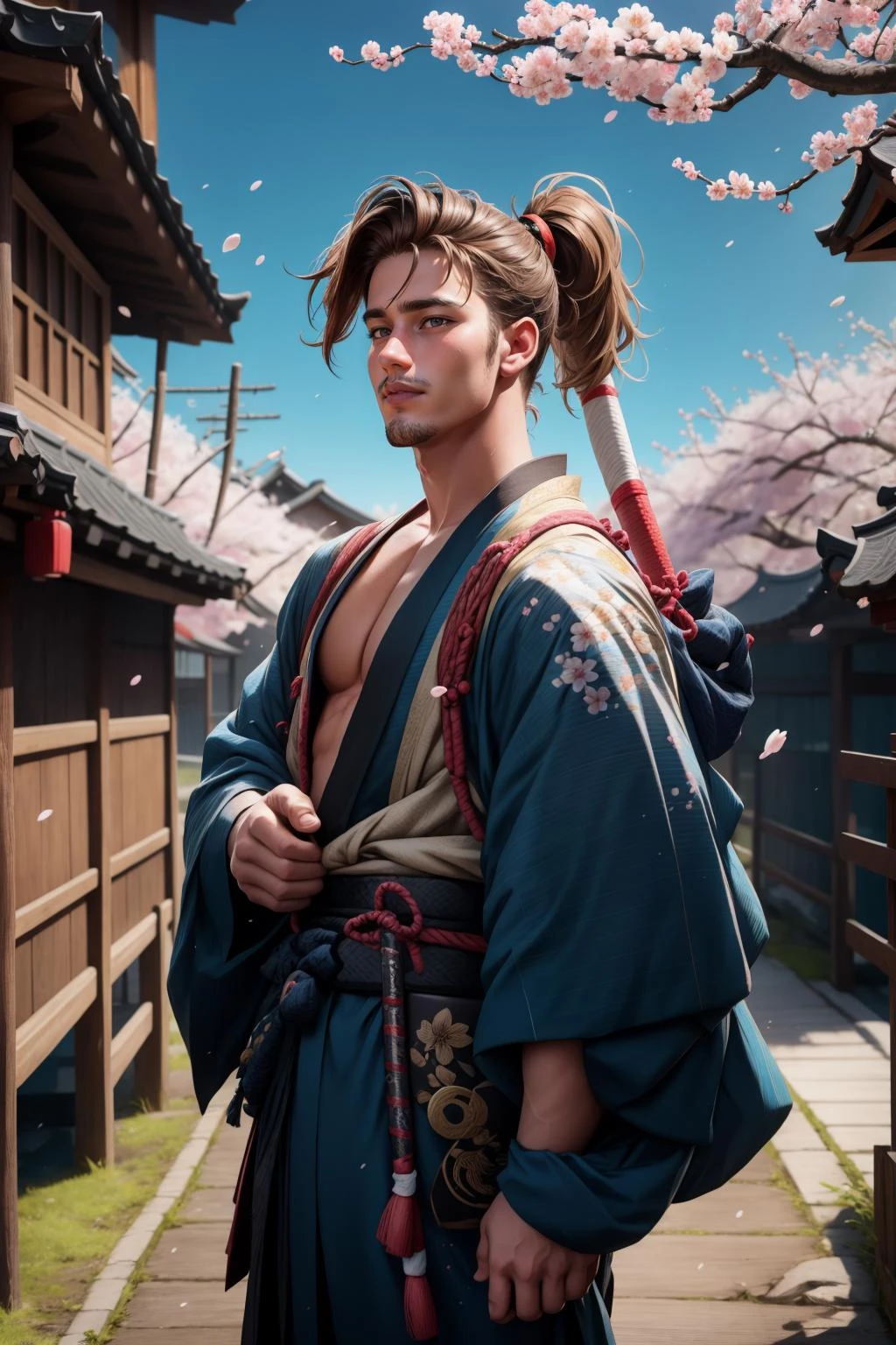 1boy, samurai, toned, brown hair, blue eyes, ponytail, cowboy_shot, cherry blossom pathway