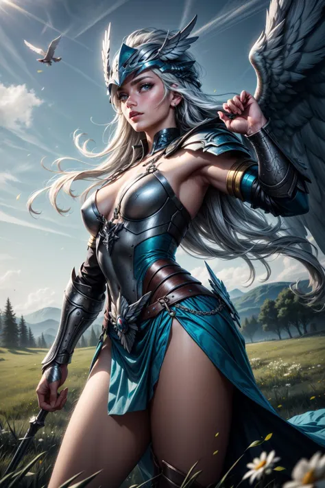 masterpiece, best quality, highres, a valkyrie in a meadow, silver hair, cyan eyes, very long hair, floating hair, wind, winged helmet, cowboy_shot, surface scattering, looking_at_viewer