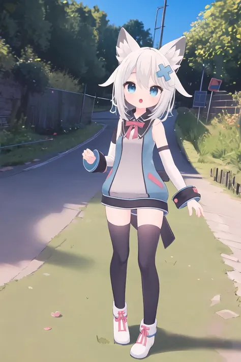 masterpiece, best quality, 1girl, solo, <lora:Mint-v1.1-:0.7>, virtual youtuber, white hair, grey hair, hair between eyes, bangs, blue eyes, animal ears, animal ear fluff, tail, fox ears, fox tail, hair ornament, x hair ornament, dress, thighhighs, black thighhighs, sleeveless, detached sleeves, long sleeves, sleeveless shirt, bare shoulders, bow, outdoors, street, road sign, lamppost, shop, :o,