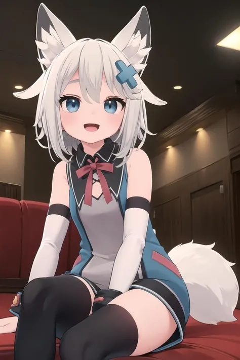 masterpiece, best quality, 1girl, solo, <lora:Mint-v1.1-:0.7>, virtual youtuber, white hair, grey hair, hair between eyes, bangs, blue eyes, animal ears, animal ear fluff, tail, fox ears, fox tail, hair ornament, x hair ornament, dress, thighhighs, black thighhighs, sleeveless, detached sleeves, long sleeves, sleeveless shirt, bare shoulders, :d, indoors, sitting,