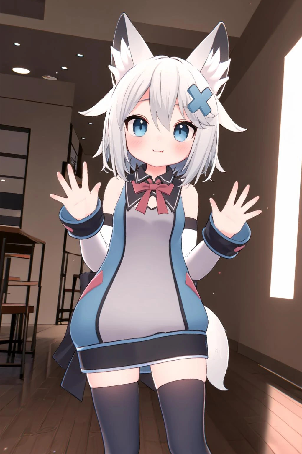 masterpiece, best quality, 1girl, solo, <lora:Mint-v1.1-:0.7>, virtual youtuber, white hair, grey hair, hair between eyes, bangs, blue eyes, animal ears, animal ear fluff, tail, fox ears, fox tail, hair ornament, x hair ornament, dress, thighhighs, black thighhighs, sleeveless, detached sleeves, long sleeves, sleeveless shirt, bare shoulders, indoors, cafe, waving,