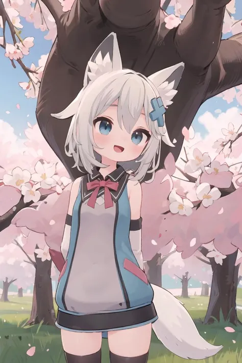 masterpiece, best quality, 1girl, solo, <lora:Mint-v1.1-:0.7>, virtual youtuber, white hair, grey hair, hair between eyes, bangs, blue eyes, animal ears, animal ear fluff, tail, fox ears, fox tail, hair ornament, x hair ornament, dress, thighhighs, black thighhighs, sleeveless, detached sleeves, long sleeves, sleeveless shirt, bare shoulders, outdoors, cherry blossoms, arms behind back, happy, :d,