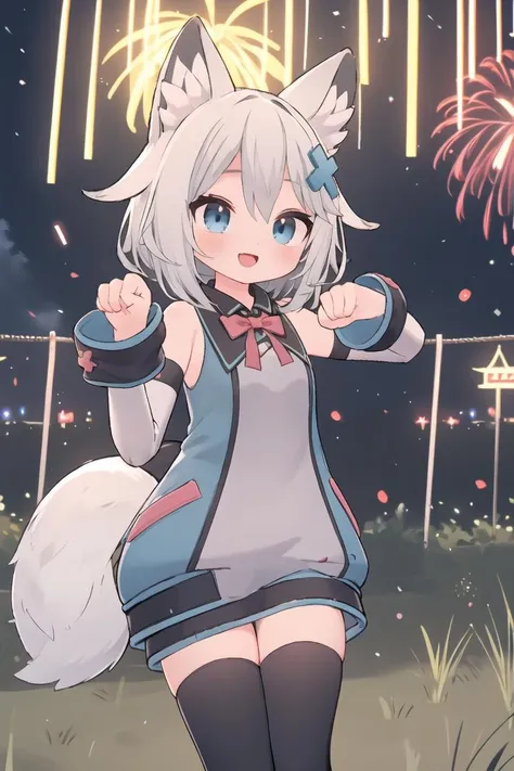 masterpiece, best quality, 1girl, solo, <lora:Mint-v1.1-:0.7>, virtual youtuber, white hair, grey hair, hair between eyes, bangs, blue eyes, animal ears, animal ear fluff, tail, fox ears, fox tail, hair ornament, x hair ornament, dress, thighhighs, black thighhighs, sleeveless, detached sleeves, long sleeves, sleeveless shirt, bare shoulders, bow, outdoors, night, night sky, fireworks, summer festival, :d, paw pose,