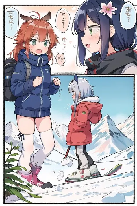 ultra-detailed,masterpiece,best quality, AGGA_ST021, comic,3girls,manga style, skiwear,snow mountain,ski,rift<lora:HerrscherAGGA2023_Concept_comic_Style_V2:0.8>flower garden,speech bubble,koma,border,