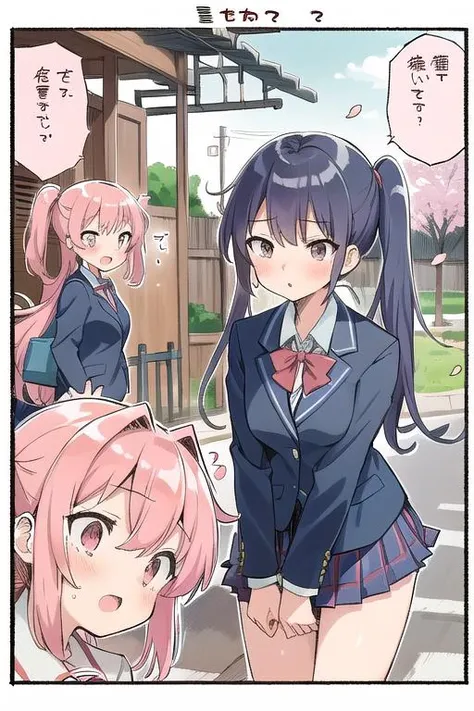 ultra-detailed,masterpiece,best quality, AGGA_ST021, comic,3girls,manga style,school gate,cherryblossom,blazer,school uniform,plits skirt,signboard,<lora:HerrscherAGGA2023_Concept_comic_Style_V2:0.8>,speech bubble,koma,border,strong wind