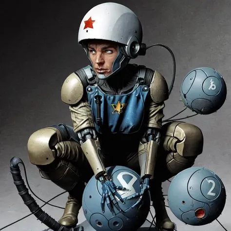 a robot with a helmet and a ball