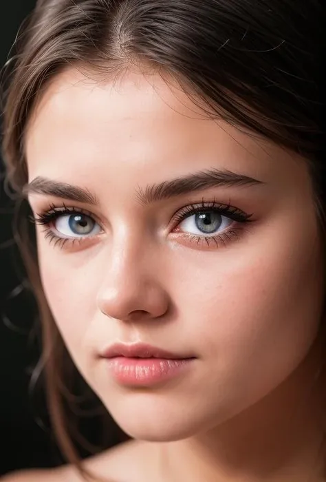 close-up photo of  maievska, detailed face, facing straight towards camera , short pixie hair