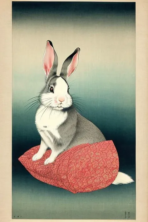ukiyoestyle-3000 masterpiece, detailed, artistic, beautiful, best quality, highres, colorful, (rabbit), (padded seat:1.2), (soft flowing cloth trim:1.2), (medium shot:1.2), (portrait:1.2), looking out of window, (illuminator:1.1)