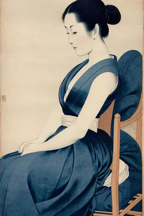 ukiyoestyle-3000 masterpiece, detailed, artistic, beautiful, best quality, highres, (elegant:1.2), (feminine:1.1), (18-year-old female:1.1), (slender:1.1), (cleavage:1.1), (padded seat:1.2), (soft flowing cloth trim:1.2), medium shot:1.2), (portrait:1.2), looking out of window