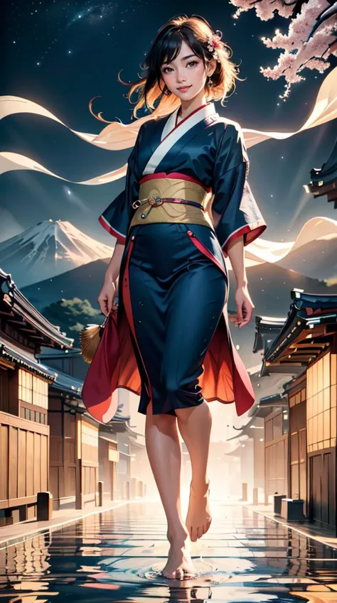 ukiyoestyle-1500, masterpiece, best quality, high quality, realistic, raw photo, extremely_detailed, photorealistic, Photograph, ultra detailed, dslr, full body, highres, ultra_highres, 8k, cannon eos 5d mark iv, full body, smile, A traveling woman is smiling while taking a photo in front of a landmark , casual, pretty face, beautiful face, 20 years old,  ideal human body proportions, beautiful human body proportions, ideal arm proportions, ideal leg proportions, dreamy atmosphere, detailed lighting, volumetric lighting , cinematic_lighting,  ((vibrant background)),  ukiyoestyle-1500
