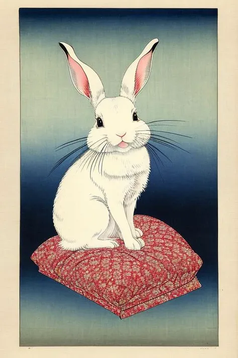 ukiyoestyle-1500 masterpiece, detailed, artistic, beautiful, best quality, highres, colorful, (rabbit), (padded seat:1.2), (soft flowing cloth trim:1.2), (medium shot:1.2), (portrait:1.2), looking out of window, (illuminator:1.1)