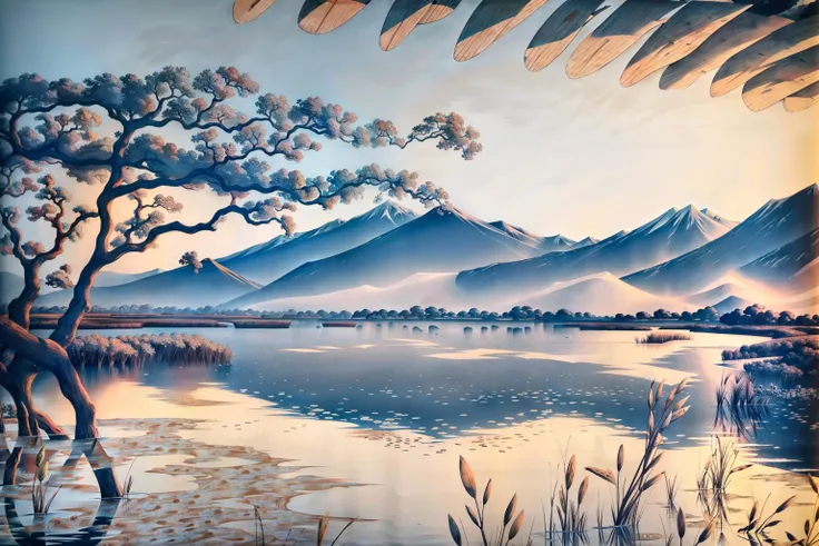 "a cloudy sky" AND "a pond, covered in water lentils" AND "((reeds)) in the foreground", early morning, (aquatic bird) hunting for fish, woodprint, sharp lines, masterpiece, ukiyo-e, ukiyoestyle-1500, muted color,
