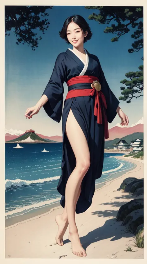 ukiyoestyle-1500, masterpiece, best quality, high quality, realistic, raw photo, extremely_detailed, photorealistic, Photograph, ultra detailed, dslr, full body, highres, ultra_highres, 8k, cannon eos 5d mark iv, full body, smile, A traveling woman is smiling while taking a photo in front of a landmark , casual, pretty face, beautiful face, 20 years old, ideal human body proportions, beautiful human body proportions, ideal arm proportions, ideal leg proportions, dreamy atmosphere, detailed lighting, volumetric lighting , cinematic_lighting, ((vibrant background)), ukiyoestyle-1500