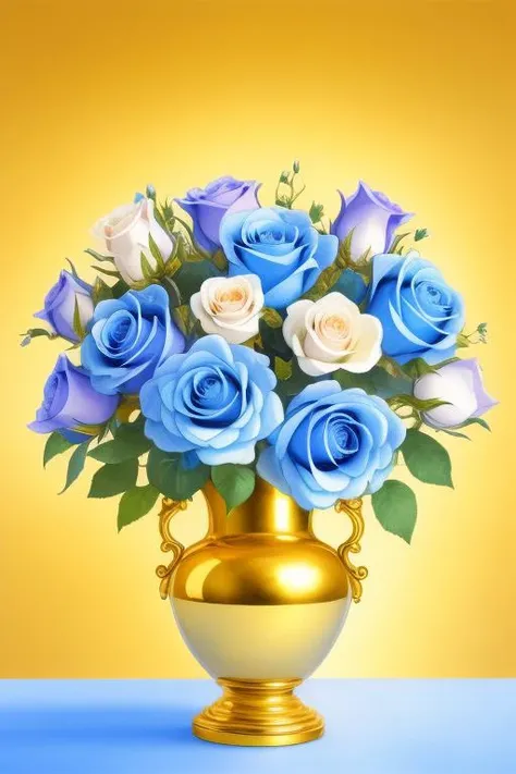 masterpiece, best quality, masterpiece, bouquet of magic pale blue roses, in a golden vase, artstation, high resolution, detailed, sharp focus